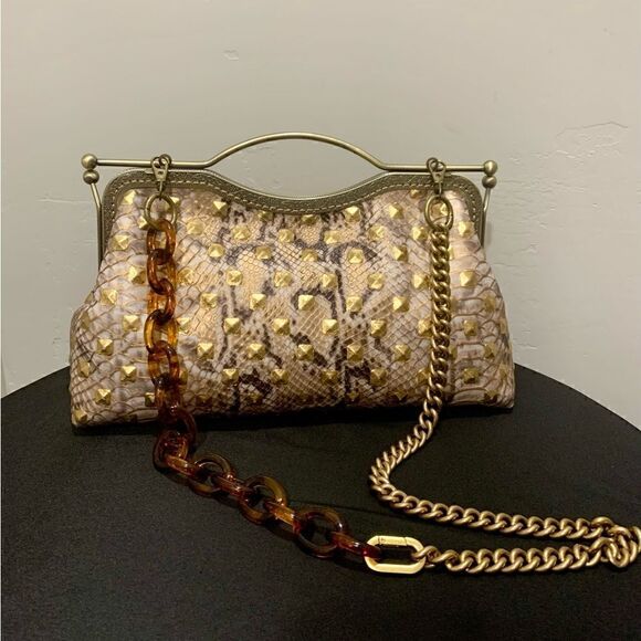 Laurie's Collection Handbags - Handsewn Genuine Embossed Leather, Double Kisslock & Top Handle Bag, Crossbody